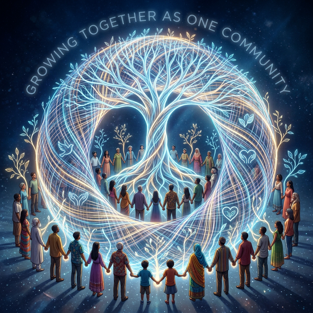 People of different ages and backgrounds holding hands in a circle around an illuminated, glowing tree with swirling light patterns
