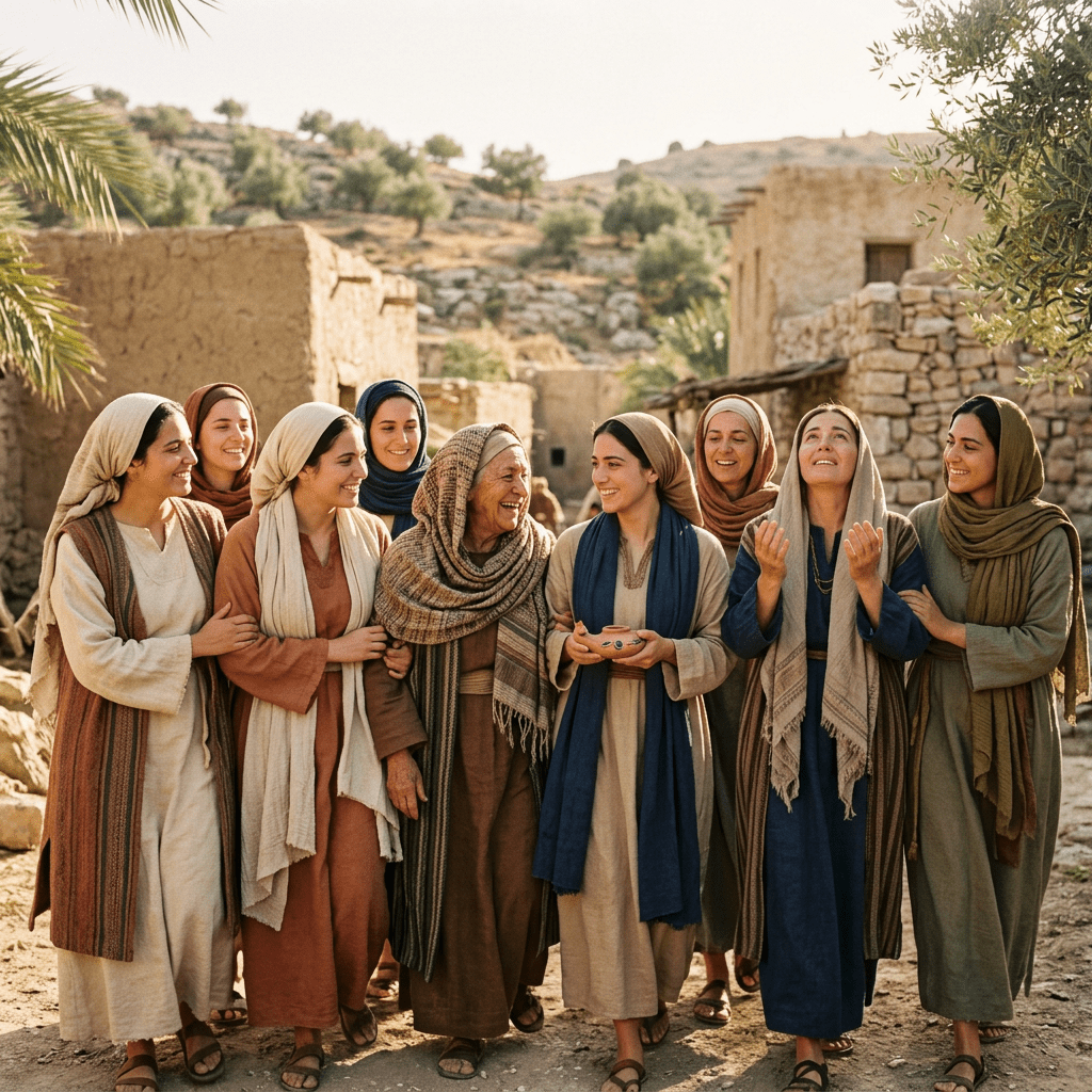 Group of women in traditional robes and headscarves walking and smiling in a rustic village.